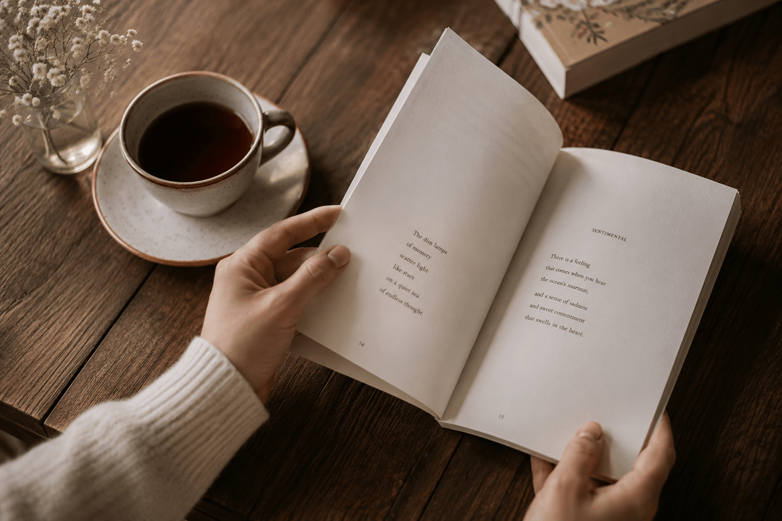 A woman elegantly reading a book, cradling a steaming cup of coffee in a cozy, inviting setting.